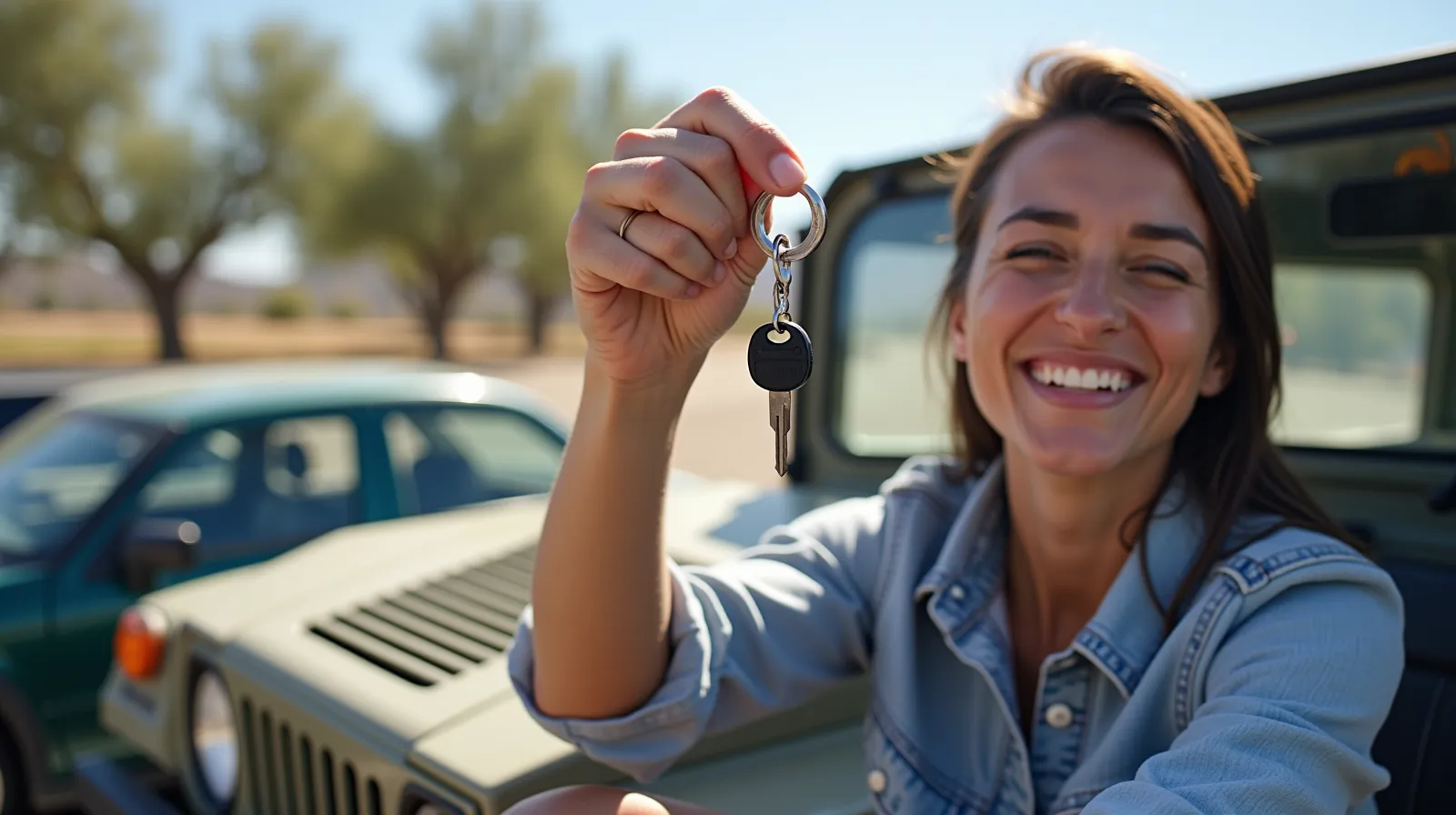 a happy woman shoing a humvee key