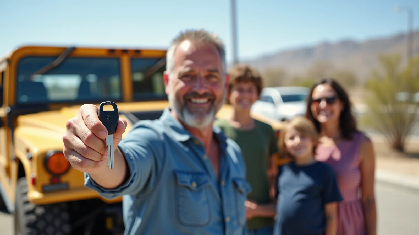 a senior man holding a humvee h1 key after a sale with his family behing